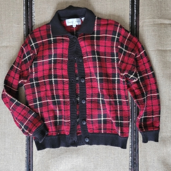 Vintage Plaid Sweater Collared Cardigan Red Black Yellow Checkered Baxter Wells - Picture 1 of 5